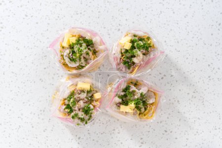 Foto de Acostado. Embalaje casero congelado camarones scampi preparación de la comida en bolsas resellables de plástico. - Imagen libre de derechos