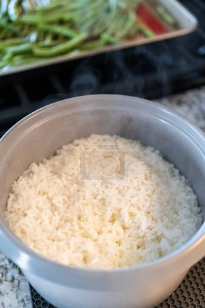 Téléchargez les photos : Savourez la commodité pendant que nous préparons un délicieux lot de riz Calrose dans un cuiseur de riz moderne, offrant des grains pelucheux parfaits avec facilité. - en image libre de droit
