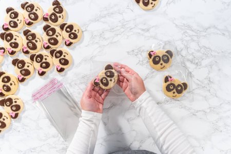 Photo for Flat lay. Packaging panda-shaped shortbread cookies with chocolate icing into individual clear bags. - Royalty Free Image