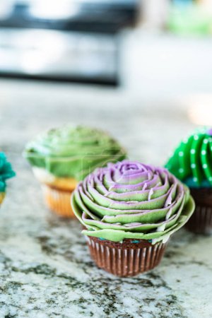 Téléchargez les photos : À l'aide de glaçage à la crème au beurre, les cupcakes à la vanille et au chocolat sont décorés de façon complexe pour ressembler à divers types de cactus, créant un dessert délicieux et visuellement engageant qui met en valeur - en image libre de droit