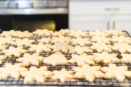 Téléchargez les photos : Laisser refroidir les délicieux biscuits au sucre en forme de flocon de neige sur un support, les préparant pour des cadeaux de Noël festifs. - en image libre de droit