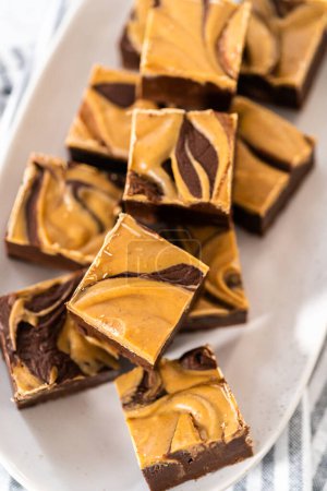 Téléchargez les photos : Fudge au chocolat fait maison avec des morceaux de tourbillon de beurre d'arachide sur une assiette de service blanche. - en image libre de droit