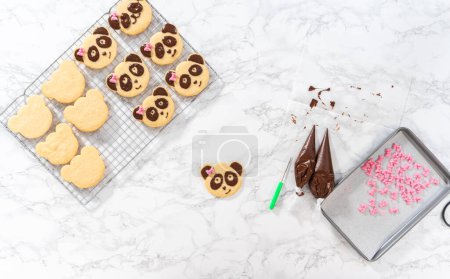 Photo for Flat lay. Icing panda-shaped shortbread cookies with chocolate icing. - Royalty Free Image