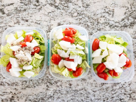 Téléchargez les photos : Contenants remplis de salade et de vinaigrette, préparés pour la préparation pratique du repas du midi. - en image libre de droit