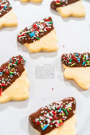 Photo for Buttery cookies half-dipped in chocolate, sprinkled with festive red, green, and white decorations, laid on white parchment to set. - Royalty Free Image