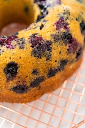 Foto de Enfriamiento recién horneado pastel de paquete de arándanos limón en el mostrador de la cocina. - Imagen libre de derechos