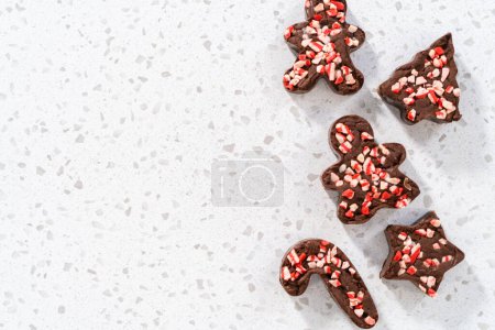 Foto de Recién hecho galletas de Navidad cortador de menta dulce de menta en el mostrador de la cocina. - Imagen libre de derechos