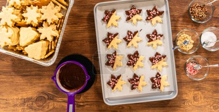 Photo for Preparing star-shaped cookies, half-dipped in chocolate, accented with peppermint chocolate chips for the holidays. - Royalty Free Image