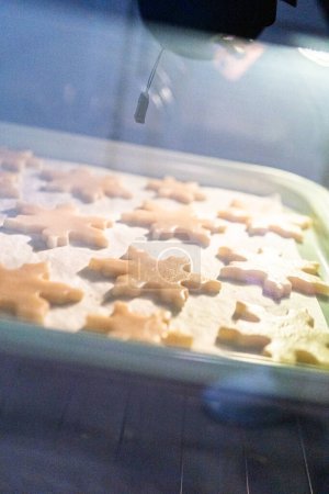 Photo for The delightful process of baking snowflake-shaped sugar cookies in a gas oven, creating a delicious treat for the holiday season. - Royalty Free Image