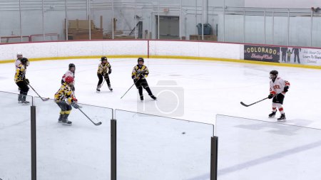 Foto de Denver, Colorado, Estados Unidos-17 de febrero de 2024-Jóvenes atletas en medio de un animado juego de hockey, con jugadores persiguiendo el disco a través de la pista de hielo bordeada por espectadores. - Imagen libre de derechos