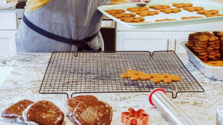 Téléchargez les photos : Après une cuisson à la perfection, ces délicieux biscuits au pain d'épice se refroidissent maintenant gracieusement sur un support métallique, remplissant la cuisine moderne d'un arôme chaleureux et invitant.. - en image libre de droit