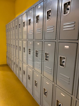 In a school corridor, a uniform array of gray lockers stands ready for students, the vents and locks punctuating the smooth metal doors.