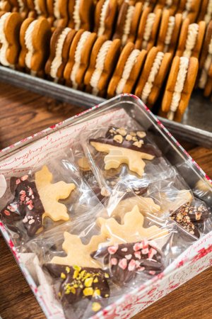 Téléchargez les photos : Pain d'épice et biscuits sucrés faits maison, à moitié trempés dans du chocolat riche, nichés dans des boîtes décoratives de Noël, parfaits pour les cadeaux saisonniers. - en image libre de droit