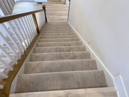 Élégance élégante d'un intérieur de maison moderne, mettant l'accent sur un escalier avec un design épuré et minimaliste. Les escaliers en moquette beige offrent un contraste chaleureux avec les murs peints en blanc et les marches en bois clair