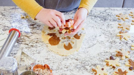 Using various festive cookie cutters, were cutting out charming gingerbread cookies from the rolled dough on the sleek marble counter, bringing holiday cheer to the modern kitchen.