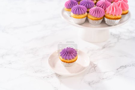 Foto de Mini cupcakes de vainilla recién horneados en rodajas con glaseado de crema de mantequilla rosa ombre en un plato blanco. - Imagen libre de derechos