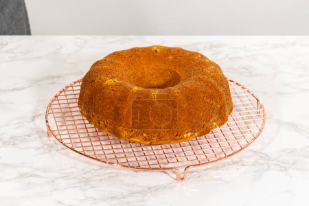 Téléchargez les photos : Refroidissement gâteau bundt citrouille fraîchement cuit sur le comptoir de cuisine. - en image libre de droit