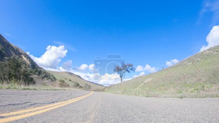 Fahrzeug cruist auf dem Cuyama Highway in der strahlenden Sonne. Die umliegende Landschaft wird von der strahlenden Sonne erhellt und schafft eine malerische und einladende Szenerie, während das Auto unterwegs ist