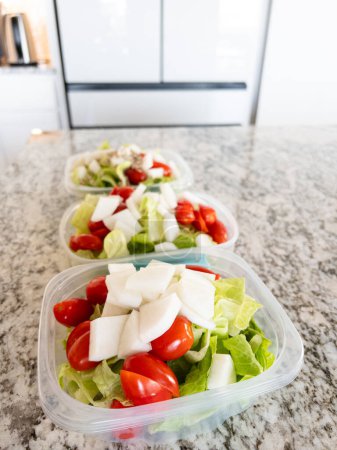 Téléchargez les photos : Contenants remplis de salade et de vinaigrette, préparés pour la préparation pratique du repas du midi. - en image libre de droit