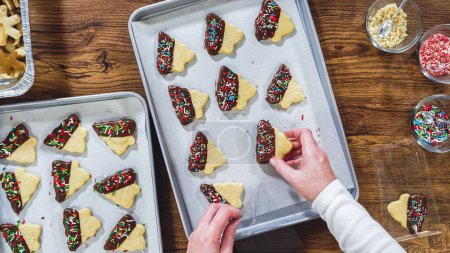 Photo for Flat lay. Carefully packaging Christmas cutout cookies, half-dipped in chocolate, sprinkled with crushed nuts, and presented in clear cellophane wrapping. - Royalty Free Image