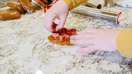 Using various festive cookie cutters, were cutting out charming gingerbread cookies from the rolled dough on the sleek marble counter, bringing holiday cheer to the modern kitchen.