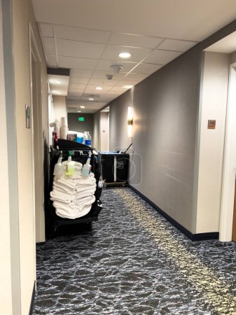 Foto de Ft. Collins, Colorado, Estados Unidos-6 de abril de 2024-Experimente nuestro meticuloso servicio de limpieza en el pasillo del hotel, garantizando un ambiente prístino y acogedor para los huéspedes. Priorizamos la limpieza y - Imagen libre de derechos