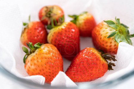 Photo for Freshly washed and dried strawberries are carefully arranged in a glass bowl lined with paper towel, ready for snacking or further use. - Royalty Free Image