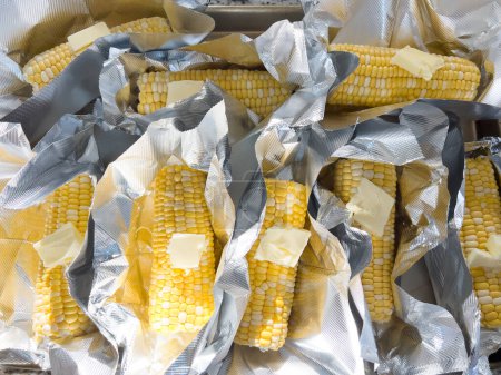 Foto de Esta imagen muestra maíz fresco en la mazorca, cuidadosamente dispuesto en envases de plástico sellados al vacío para preservar su frescura y sabor, listo para su distribución o venta. - Imagen libre de derechos
