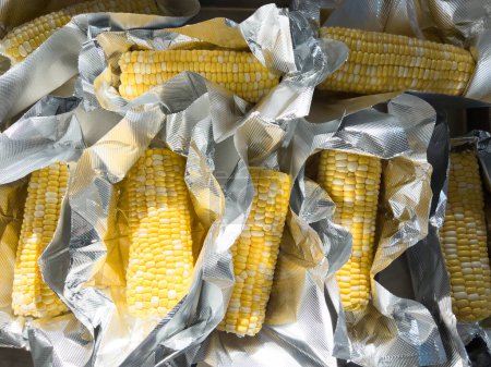 Foto de Esta imagen muestra maíz fresco en la mazorca, cuidadosamente dispuesto en envases de plástico sellados al vacío para preservar su frescura y sabor, listo para su distribución o venta. - Imagen libre de derechos