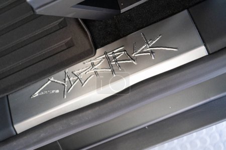 Photo for Denver, Colorado, USA-May 5, 2024-This image showcases the distinctive metal engraving of the Cybertruck logo on the interior of a Tesla Cybertruck, highlighting the vehicle unique branding elements - Royalty Free Image