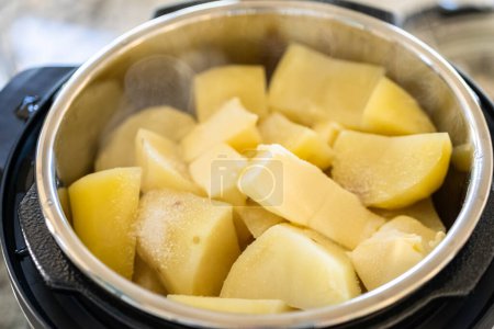 Photo for In a sleek modern kitchen, preparing velvety mashed potatoes using a pressure cooker for a quick and delicious meal. - Royalty Free Image