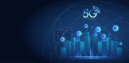 Illustration for 5G technology with computer network connection line between building. Connectivity and global networks systems and internet of things concept. vector design. - Royalty Free Image