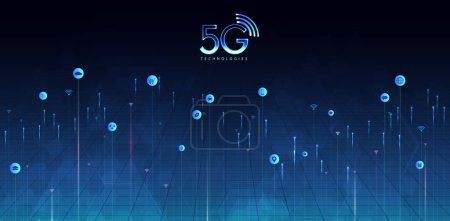 Illustration for 5G technology with computer network connection line between building. Connectivity and global networks systems and internet of things concept. vector design. - Royalty Free Image