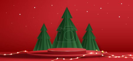 Illustration for Podium shape for show cosmetic product display for Christmas day or New Years. Stand product showcase on red background with tree christmas. vector design. - Royalty Free Image