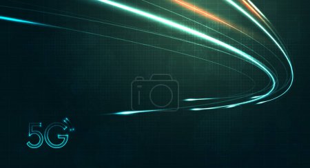 Ilustración de Green light streak, fiber optic, speed line, futuristic background for 5g or 6g technology wireless data transmission, high-speed internet in abstract. internet network concept. vector design. - Imagen libre de derechos