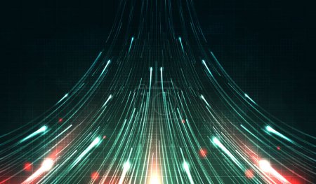 Illustration for Green light streak, fiber optic, speed line, futuristic background for 5g or 6g technology wireless data transmission, high-speed internet in abstract. internet network concept. vector design. - Royalty Free Image