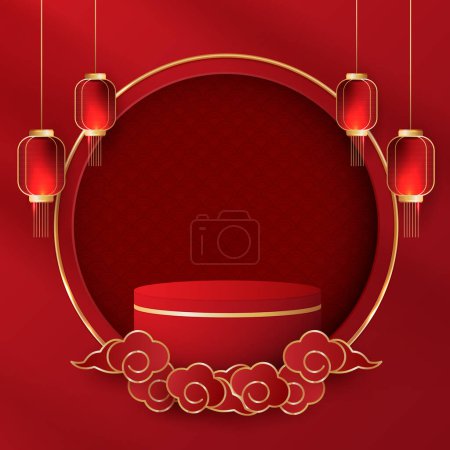 Illustration for Podium stage chinese style for chinese new year and festivals or mid autumn festival with red background. mock up stage with festive lanterns and clouds. vector design. - Royalty Free Image