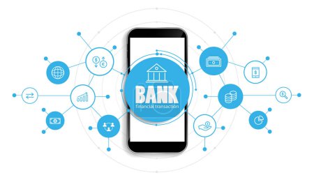 Banking and Finance by mobile phone concept. digital connect system. Financial and Banking technology with integrated circles, glowing line icons and on blue background. vector design.