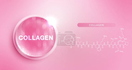 Drop water collagen pink and structure. vitamin solution complex with chemical formula from nature. beauty treatment nutrition skin care design. medical and scientific concepts for cosmetic. vector.