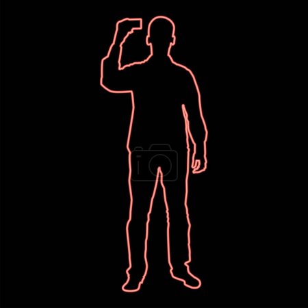 Illustration for Neon man shows card in his hand business card in hand businessman silhouette iconred color vector illustration image flat style light - Royalty Free Image