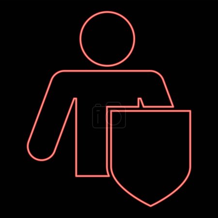 Illustration for Neon stick man with shield Protecting personal data concept Man holding shield for reflecting attack Protected from attack idea red color vector illustration image flat style light - Royalty Free Image