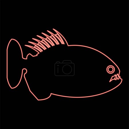 Téléchargez les illustrations : Néon piranha poisson en colère couleur rouge vecteur illustration image plat style lumière - en licence libre de droit