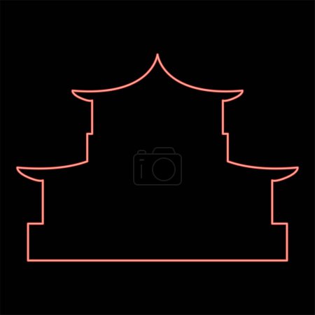 Illustration for Neon chinese house silhouette Traditional Asian pagoda Japanese cathedral Facade red color vector illustration image flat style light - Royalty Free Image