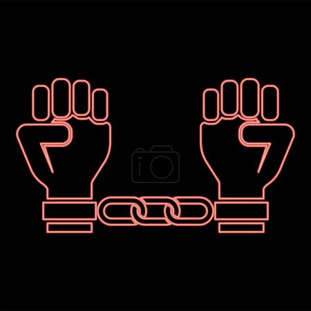 Illustration for Neon handcuffed hands Chained human arms Prisoner concept Manacles on man Detention idea Fetters confine Shackles on person icon black color vector illustration flat style simple image red color vector illustration image flat style light - Royalty Free Image