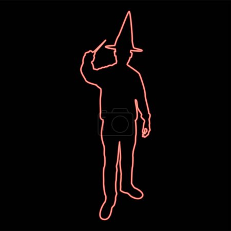 Illustration for Neon wizard holds magic wand trick Waving Sorcery concept Magician Sorcerer Fantasy person Warlock man in robe with magical stick Witchcraft in hat mantle Mage conjure Mystery idea Enchantment red color vector illustration image flat style light - Royalty Free Image