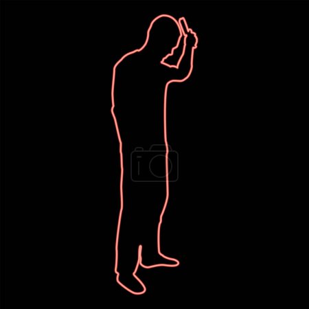Illustration for Neon man is combing hair use hairbrush Side view red color vector illustration image flat style light - Royalty Free Image