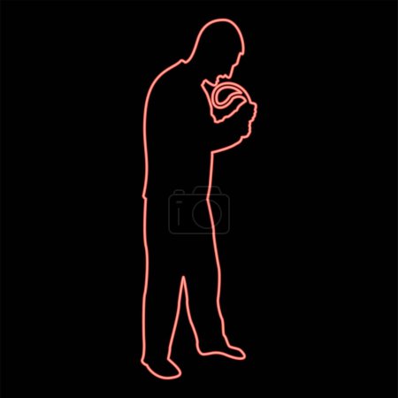 Illustration for Neon angry man with belt in hand for punishment warns Violence in family concept Abuse idea Domestic trouble Fury male threatening victim Social problem Husband father emotionally aggression against human Bullying red color vector illustration image - Royalty Free Image