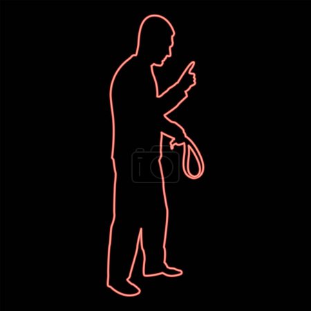 Illustration for Neon angry man with belt in hand for punishment warns showing index finger Violence in family concept Abuse idea Domestic trouble Fury male threatening victim Social problem Husband father emotionally aggression against human Bullying red color vecto - Royalty Free Image