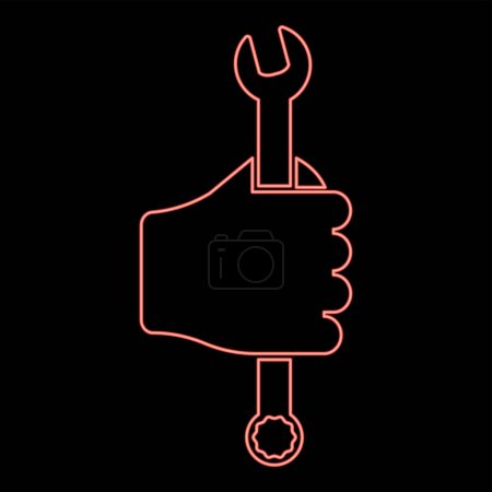 Illustration for Neon wrench hexagon in hand tool in use Arm Spanner Mechanic engineer instrument red color vector illustration image flat style light - Royalty Free Image