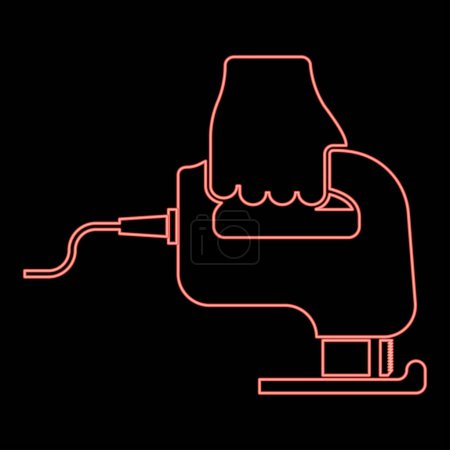 Téléchargez les illustrations : Neon electric fretsaw Tool Hand jig saw in use Arm red color vector illustration image flat style light - en licence libre de droit